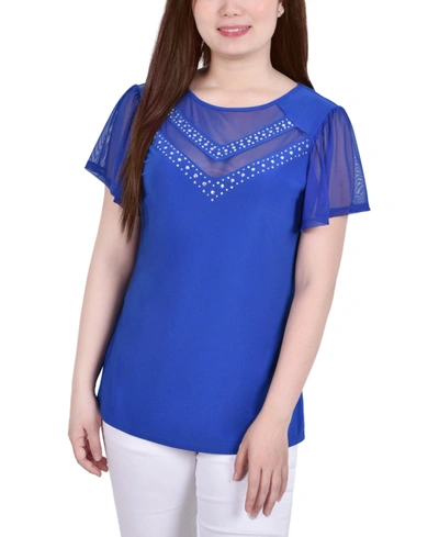 Ny Collection Women's Studded Top With Mesh Details In Blue