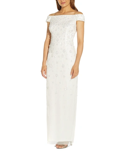 Adrianna Papell Off-the-shoulder 3-d Beaded Gown In Ivory