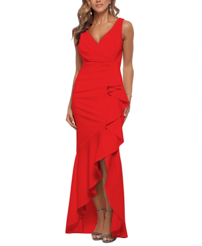 Betsy & Adam Ruffled High-low Gown In Red