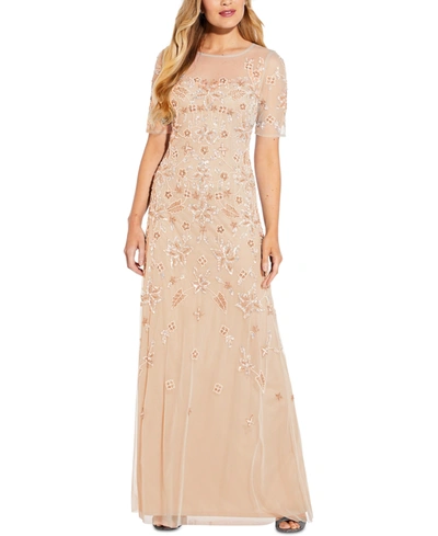 Adrianna Papell Embellished Illusion Gown In Champagne Gold