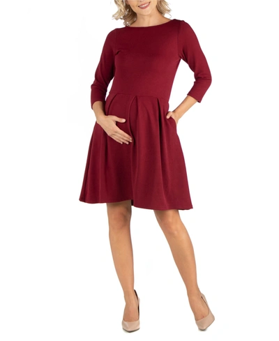 24seven Comfort Apparel Knee Length Fit N Flare Maternity Dress With Pockets In Burgundy