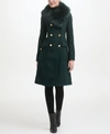 Guess Removable Faux Fur Collar Wool Blend Double Breasted Walker Coat In Emerald