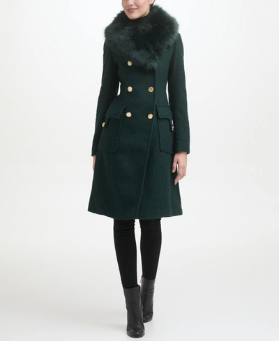 Guess Removable Faux Fur Collar Wool Blend Double Breasted Walker Coat In Emerald
