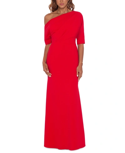 Betsy & Adam Ruched One-shoulder Gown In Red