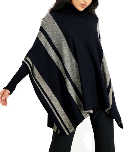 Alfani Petite Striped Turtleneck Poncho Sweater, Created For Macy's In Black