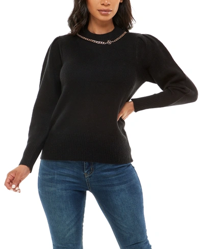 Adrienne Vittadini Women's Long Sleeve With Chain Trim Pullover In Jet Black
