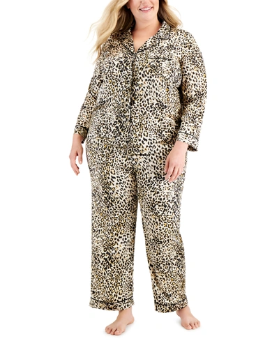Inc International Concepts Up All Night Heavenly Soft Notch Collar Top & Pants Pajama Set, Created For Macy's In Cheetah