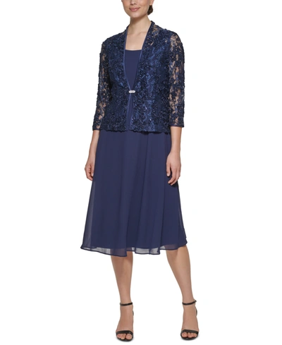 Jessica Howard Petite Midi Dress And Lace Jacket In Navy