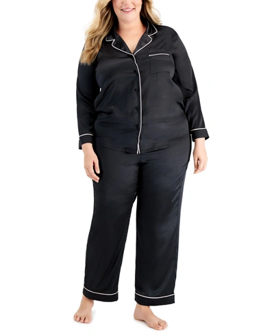 Inc International Concepts Plus Size Satin Notch-collar Pajama Set, Created For Macy's In Deep Black