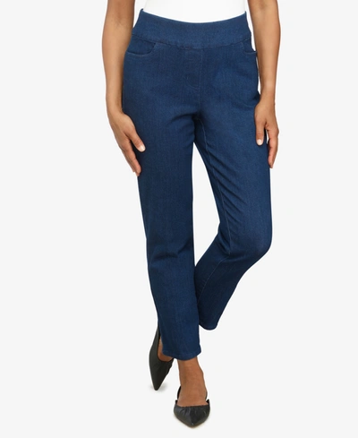 Alfred Dunner Petite Mid-rise Pull On Straight Leg Denim Pants, Petite & Petite Short In Dark Denim