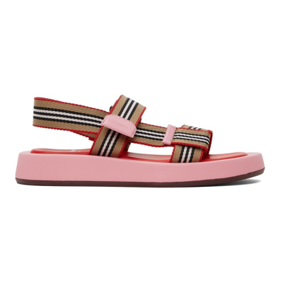 Burberry Leather-trimmed Striped Canvas Sandals In Candy Pink