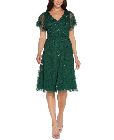 Adrianna Papell Floral Beaded Party Dress In Dusty Emerald