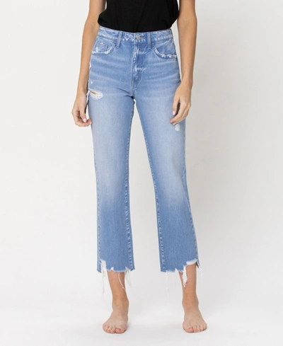 Flying Monkey Women's High Rise Vintage-like Straight Crop Jeans With Distressed Hem In Light Blue