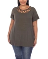 White Mark Plus Size Crisscross Cutout Short Sleeve Top In Olive