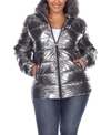 White Mark Plus Size Metallic Puffer Coat With Hoodie In Silver-tone