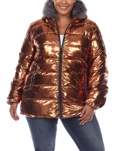 White Mark Plus Size Metallic Puffer Coat With Hoodie In Brown