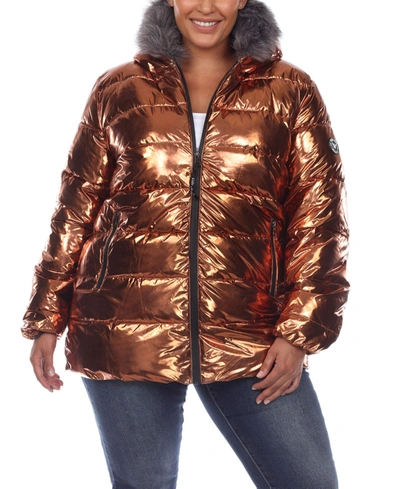 White Mark Plus Size Metallic Puffer Coat With Hoodie In Bronze