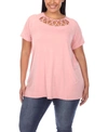 White Mark Plus Size Crisscross Cutout Short Sleeve Top In Rose