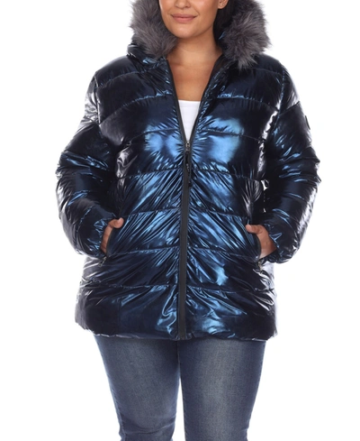 White Mark Plus Size Metallic Puffer Coat With Hoodie In Navy