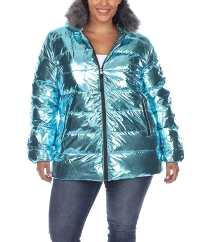 White Mark Plus Size Metallic Puffer Coat With Hoodie In Mint