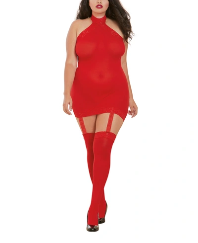 Dreamgirl Women's Plus Size Sheer Halter Garter Dress With Attached Garters And Stockings Lingerie Set In Red