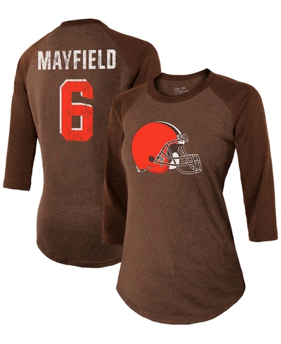Fanatics Women's Baker Mayfield Brown Cleveland Browns Player Name Number Tri-blend 3/4 Sleeve Raglan T-shirt