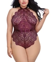 DREAMGIRL WOMEN'S PLUS SIZE EYELASH LACE TEDDY WITH HALTER NECKLINE AND THONG BACK