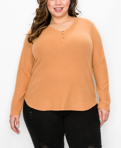Coin Plus Size Cozy Rib Long Sleeve Henley In Caramel