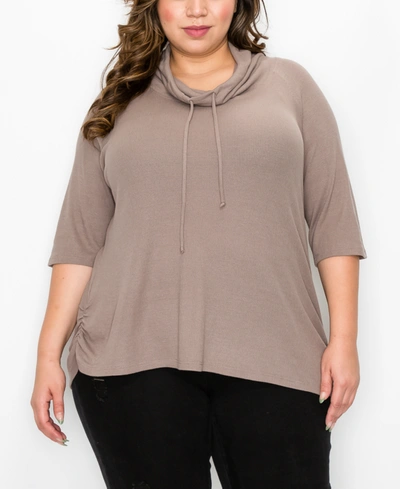 Coin Plus Size Baby Thermal Cowl Neck Side Ruched Top In Stone Dark