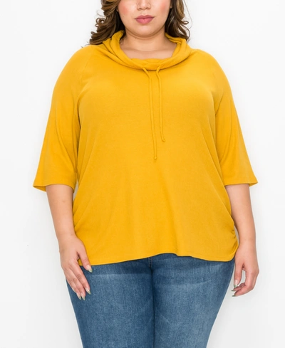 Coin Plus Size Baby Thermal Cowl Neck Side Ruched Top In Mustard