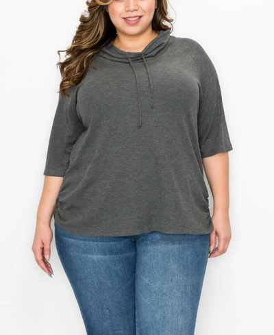 Coin Plus Size Baby Thermal Cowl Neck Side Ruched Top In Charcoal