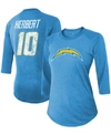 Fanatics Women's Justin Herbert Powder Blue Los Angeles Chargers Team Player Name Number Tri-blend Raglan 3/4 In Powder Blue
