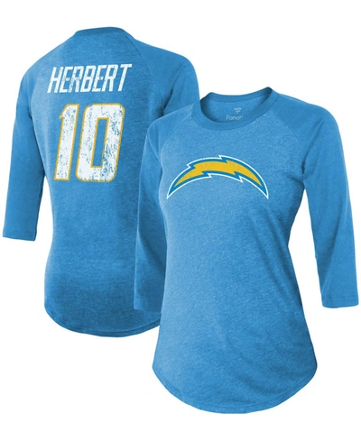 Fanatics Women's Justin Herbert Powder Blue Los Angeles Chargers Team Player Name Number Tri-blend Raglan 3/4