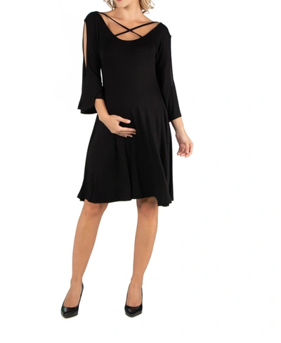 24seven Comfort Apparel Maternity Knee Length Cold Shoulder Dress In Black