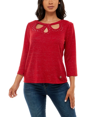 Adrienne Vittadini Women's 3/4 Sleeve With Overlay Keyholes Hacci Top In Jester Red