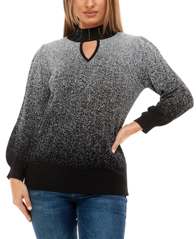 Adrienne Vittadini Women's Long Sleeve With Rhinestones Mock Neck Pullover Sweater In Silver And Black Combo