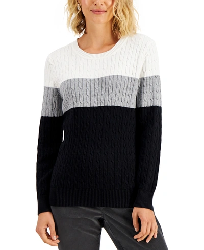 Karen Scott Petite Elena Cotton Colorblocked Cable-knit Sweater, Created For Macy's In Deep Black Combo