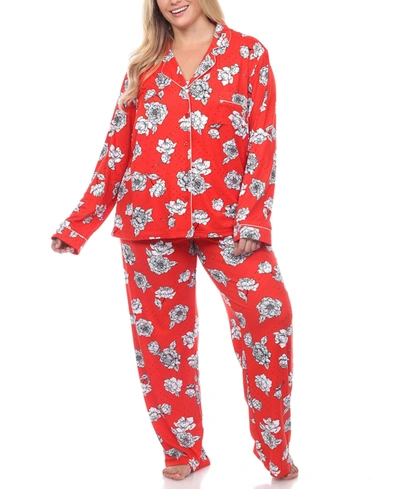 White Mark Plus Size Long Sleeve Floral Pajama Set, 2-piece In Red