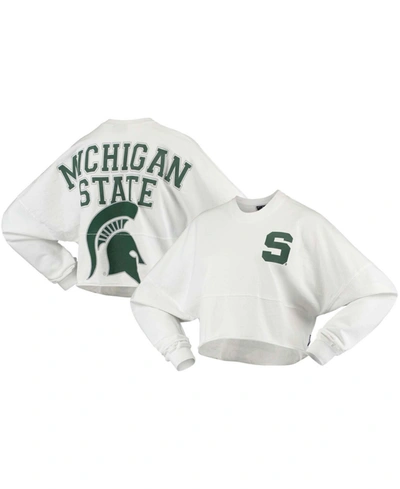 Spirit Jersey Women's White Michigan State Spartans Raw Hem Cropped Long Sleeve T-shirt