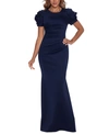 Xscape Petite 3d-flower Short-sleeve Side-pleated Gown In Midnight
