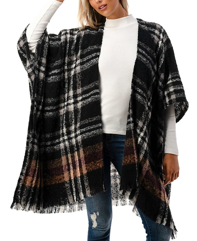 Marcus Adler Women's Open-front Plaid Fringe-trim Kimono In Black