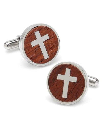Ox & Bull Trading Co. Ox Bull Trading Co Cross Round Wood Cufflinks In Silver
