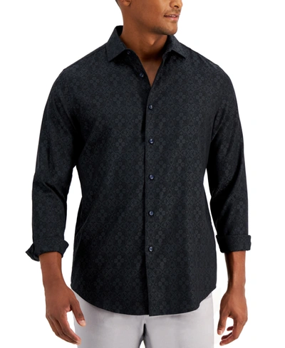 Alfani Men's Classic-fit Heathered Jersey-knit Button-down Shirt, Created For Macy's In Deep Black