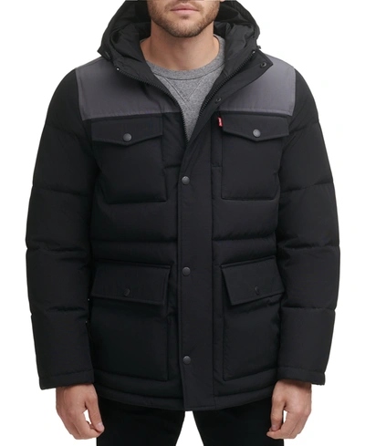 Levi's Men's Quilted Four Pocket Parka Hoody Jacket In Black