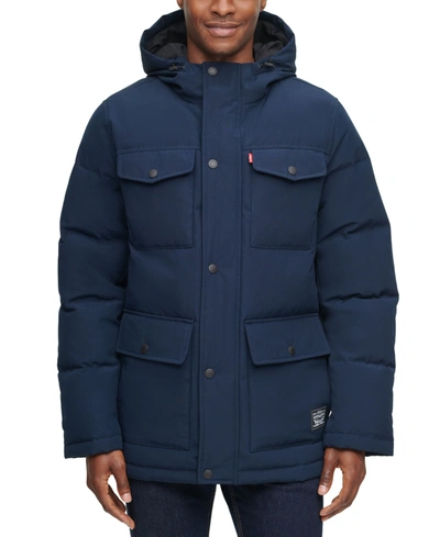 Levi's Men's Quilted Four Pocket Parka Hoody Jacket In Navy