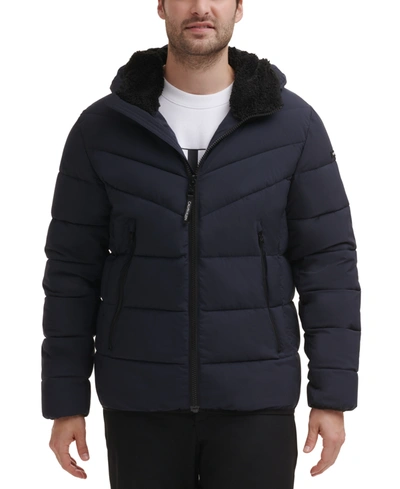 Calvin Klein Men's Chevron Stretch Jacket With Sherpa Lined Hood In True Navy