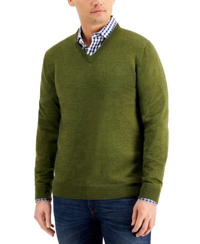 Club Room Men's Solid V-neck Merino Wool Blend Sweater, Created For Macy's In Olive Mist Heather