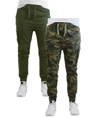 Galaxy By Harvic Men's Cotton Stretch Twill Cargo Joggers, Pack Of 2 In Olive,camouflage