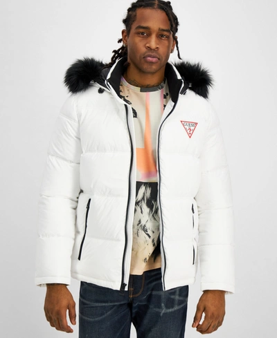 Guess Men's Puffer Jacket With Faux Fur Hood In White | ModeSens