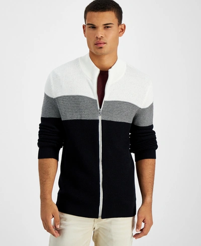 Inc International Concepts Men's Cotton Colorblocked Full-zip Sweater, Created For Macy's In Deep Black